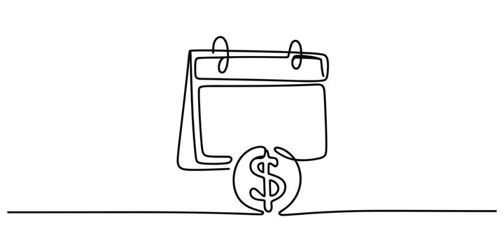 Continuous line art of office calendar with dollar coin representing financial schedule payment due date and budget.