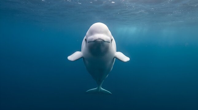 A beluga whale swims upside down toward the viewer in clear blue water, creating a symmetrical frontal underwater wildlife composition.