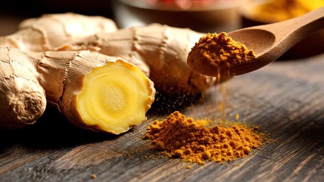 Fresh Ginger Root and Ground Turmeric Powder Spiced on Wooden Table