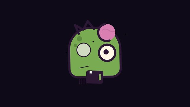 Playful flat design cartoon zombie head. Whimsical green monster with exposed pink brain and mismatched eyes. Quirky icon art on dark background for unique projects