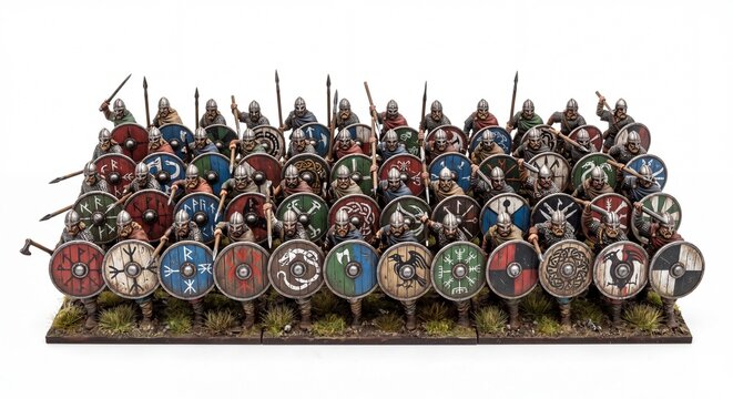A Miniature Diorama of a Viking Shield Wall Formation Featuring Warriors with Painted Round Shields.