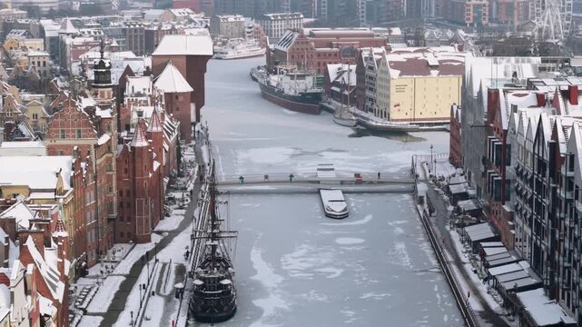 Aerial view of the beautiful main city in Gdansk at winter, Poland