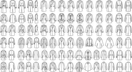 Winter coat technical sketch vector mega set featuring long outerwear linear templates for fashion apparel design manufacturing © ahnaf