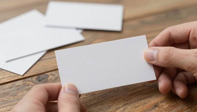 Blank premium business cards scattered on rustic wooden table with visible grain texture and soft natural light