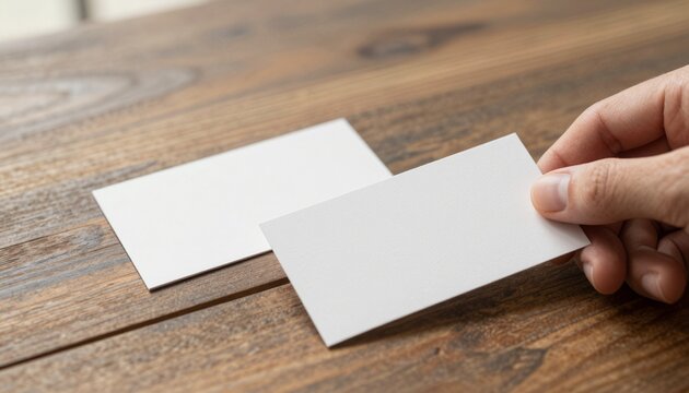 Two crisp white blank business cards lie flat on a warm rustic wooden table with visible grain texture and soft natural light