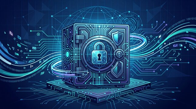 Cyber security concept with futuristic digital safe and lock .