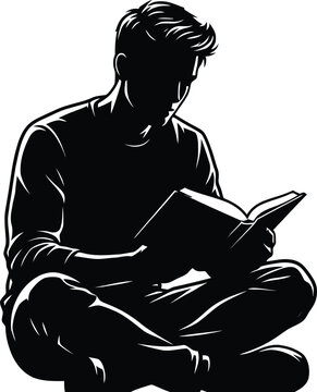 Black and white silhouette of a man reading a book, male student studying in cross-legged sitting position, minimalist vector illustration of reader