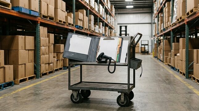Transition Folder Resting on Warehouse Cart, Document Handoff and Workflow Concept