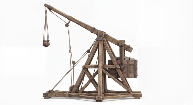 A Vintage Wooden Trebuchet Siege Engine Used for Launching Projectiles During Medieval Warfare.