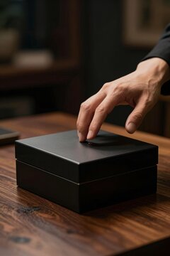 Cinematic close-up of elegant hands reaching toward sleek black box on polished wood