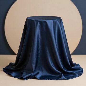 Dark blue silk satin fabric podium with elegant drape and natural creases under soft studio lighting against abstract background