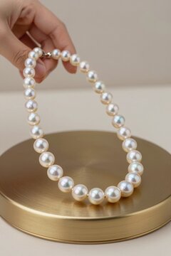 Close-up studio shot of lustrous Classic Akoya pearl necklace draped on minimalist rotating gold jewelry stand with soft neutral background