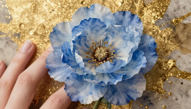 Blue watercolor flower with delicate petals on gold splatter background for design