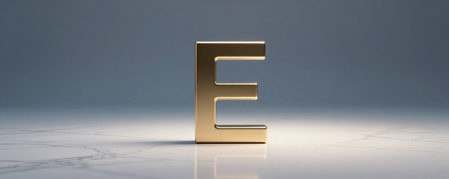 Sleek metallic letter E on pristine white marble surface in minimalist modern studio with negative space for branding
