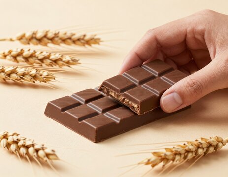 Premium chocolate bars arranged on soft beige backdrop with golden wheat stalks for organic food mockup