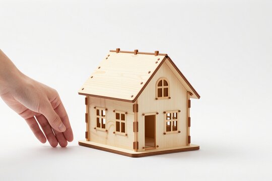 Hyper-realistic wooden house model with intricate details sits centrally on a clean white background for commercial use