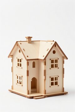Realistic miniature wooden house model with intricate details on clean white background for copy space