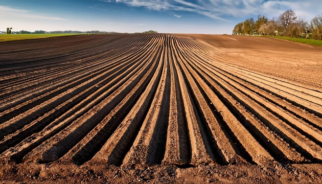 close up view of freshly plowed potato field with parallel soil ridges and distinct tractor tire marks captured in warm afternoon sunlight during early spring planting season