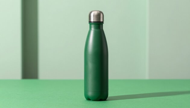 Sleek green metallic water bottle stands upright on vibrant matte surface in clean modern minimalist studio with copy space