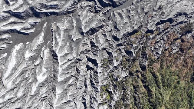Aerial topdown view of Mount Bromo ash ridges and volcanic forest transition.