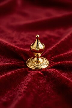 Close-up macro shot of gleaming golden finial on rich red velvet fabric with deep folds and intricate texture