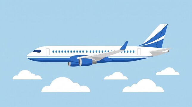 A minimalist illustration of a white and blue airplane flying in a clear sky. The plane is shown in profile with simple, clean lines, indicating modern air travel.	