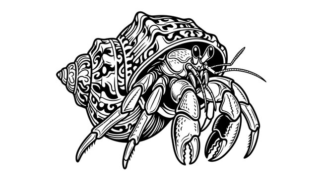 Intricate hermit crab engraving inside ornate shell.