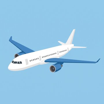 A minimalist illustration of a white and blue airplane flying in a clear sky. The plane is shown in profile with simple, clean lines, indicating modern air travel.	