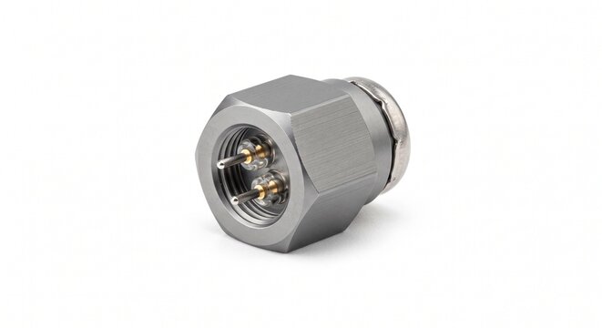 Extreme macro of an ejection seat rocket motor igniter squib. Micro-machined anodized aluminum hex body with electrical firing pins. Pilot survival hardware.