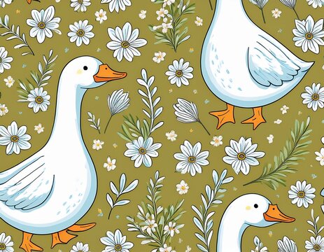 seamless pattern with cute white goose hand drawn duck with tiny flowers perfect for textile wallpaper or nursery print design