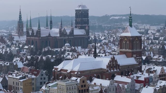 Aerial view of the beautiful main city in Gdansk at winter, Poland