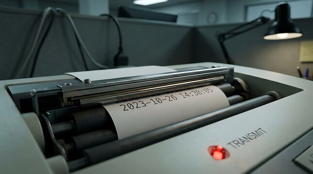 Vintage communication machine prints a precise timestamp on a paper roll with 'transmit' light illuminated in a retro office.