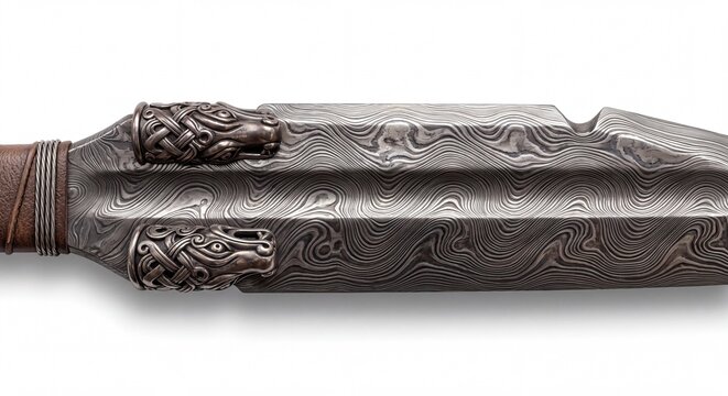 Close up of a Damascus steel sword blade featuring intricate metal patterns and ornate dragon motifs.