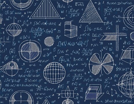 seamless mathematical pattern featuring hand drawn geometric shapes formulas equations