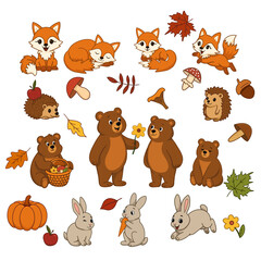 Obraz premium Cute Autumn Animals Set: Foxes, Bears, Rabbits and Hedgehogs with Fall Elements