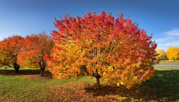 cornus mas trees with dense clusters of red berries and golden yellow foliage in seasonal transition