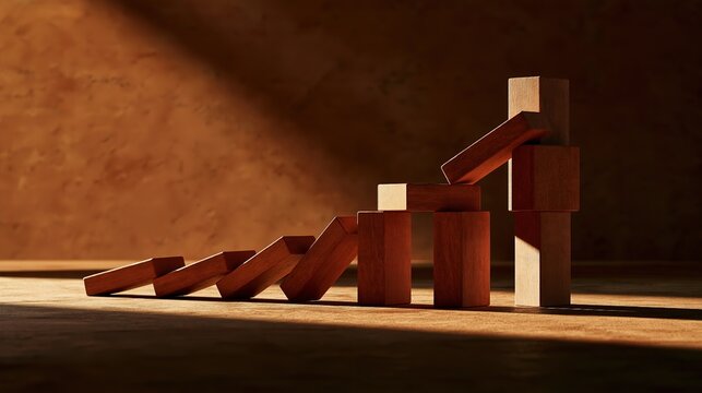 Falling domino wooden blocks in sequence showing domino effect and chain reaction concept in warm dramatic lighting on warm background