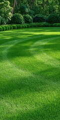 Obraz premium Well-manicured lush green lawn with curved mowing stripes in a private garden with trimmed hedges and trees showing beautiful landscaped residential backyard
