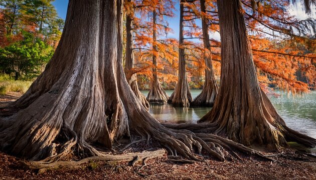 bald cypress trees with exposed root structures and feathery seasonal foliage in detailed botanical presentation