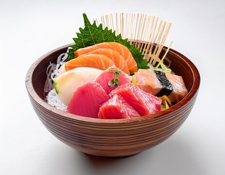 japanese food raw fish mixed sashimi in brown wooden bowl maguro otoro salmon sea bass hamachi on white background