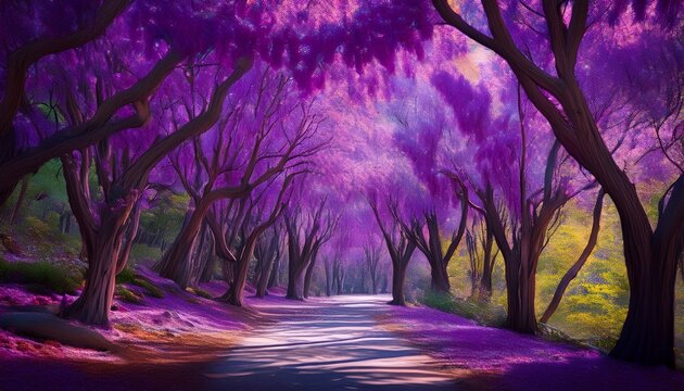 vibrant lforest pansyr redbud trees with rich purple foliage in detailed botanical render