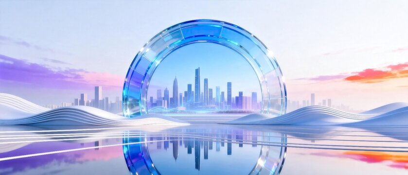 Futuristic transparent blue glass circular arch frame reflecting modern city skyline with colorful sunset sky and abstract wavy landscape showing smart future city concept
