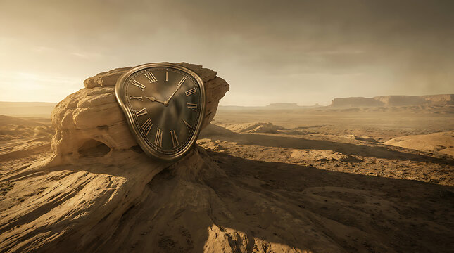Surreal melting clock draped on rock in misty desert