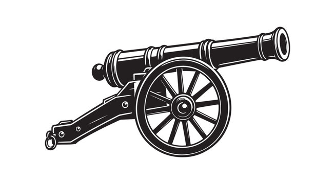 Old Cannon Isolated on White Background, Vintage Antique Military Artillery Weapon with Iron Barrel and Wooden Wheel, Historical War Armament and Ancient Battle Object