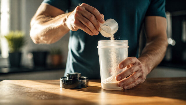 Man adding protein powder to a shaker bottle. The scene captures preparation for a workout in a home setting. This image is ideal for fitness and nutrition content.