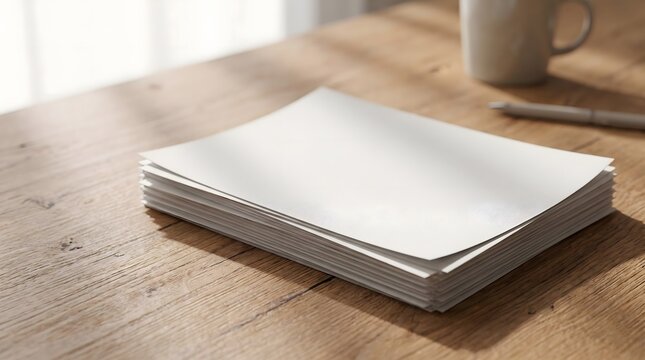 A neat stack of blank white paper on a wooden office desk with a coffee mug and pen.