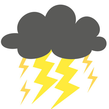 A dark gray storm cloud releases several bright yellow lightning bolts, creating a simple weather illustration that represents thunderstorm, rain, bad weather, danger, and atmospheric conditions