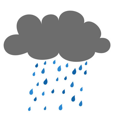 A gray rain cloud releases multiple blue raindrops, creating a simple weather illustration that represents rainfall, rainy conditions, cloudy skies, precipitation, and gloomy atmospheric weather