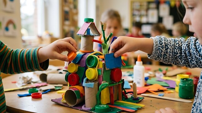 Creative children building colorful recycled sculpture using plastic caps and cardboard.