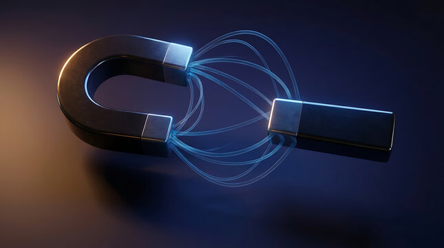 Horseshoe magnet pulling bar magnet with blue magnetic field lines